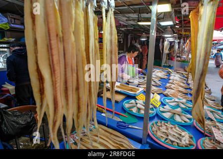 Busan, Südkorea - 28. Mai 2023: Eine Frau, die Fisch auf dem Jagalchi-Markt in Busan, Südkorea, verkauft. Stockfoto