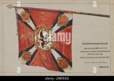 Premier Drapeau Pris a l'Ennemi/Drapeau du 132e d'Infanterie/Ier Regiment de Basse-Elsass Straßburg/Pris le 15 aout 1914/A St. Blaise par les Chasseurs a Pied/a Nos Amis d'Amerique [] von Joseph-Felix Bouchor, Franzose, geboren in Paris, Frankreich 1853-gestorben Paris, Frankreich 1937 Stockfoto