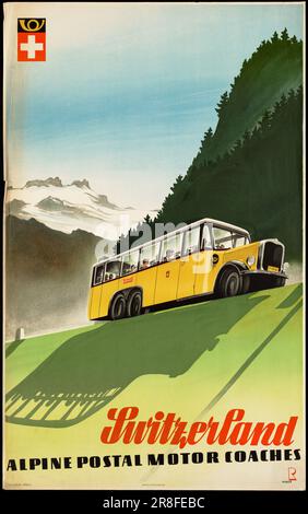 Vintage Travel Poster zur Förderung des Tourismus in der Schweiz. Alpine Postkutschen Stockfoto