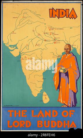 Indien. Das Land des Lord Buddha Vintage Travel Poster zur Förderung des Tourismus in Indien Stockfoto