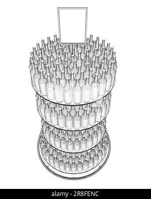 Umriss auf Holzregalen gestapelte Weinflaschen. Vektordarstellung isoliert auf weißem Hintergrund. Vektor des Flaschenracks-Symbols in dünner Linie, auf weißem Hintergrund Stock Vektor