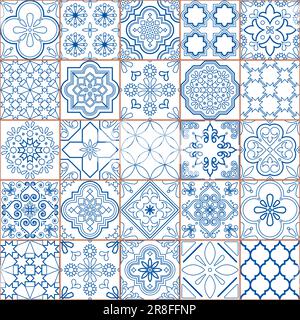 Asulejo-Fliesen nahtloses Vektormuster-Set - traditionelle Liniendesign-Kollektion inspiriert von portugiesischen und spanischen Ornamenten in Marineblau Stock Vektor