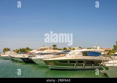 Eine Flotte großer weißer Boote liegt in einer ruhigen Küstenbucht vor Anker, die Sonne scheint von ihren Hüllen Stockfoto