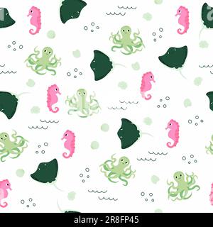 Vektormuster mit Seepferdchen, Kraken, Teufelsfischen. Unterwasser-Cartoon-Kreaturen. Meereshintergrund. Süßes Meeresmuster für Stoff, Kinder Stock Vektor