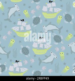 Vektormuster mit Hammerhain, Schildkröte, Seesternen, Quallen. Unterwasser-Cartoon-Kreaturen. Meereshintergrund. Süßes Meeresmuster für Stock Vektor