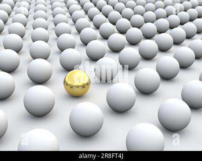 3D-Konzeptdarstellung zur Darstellung von Individualität und Einzigartigkeit, eine, die sich von der grauen Masse als goldene Kugel abhebt Stockfoto