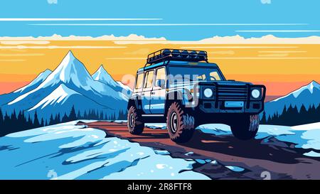 Geländewagen auf einer verschneiten Straße im Hintergrund der Winterberge. 4x4-Fahrzeug-Abenteuer horizontale Banner Vektordarstellung. Stock Vektor