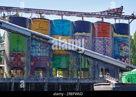 Teile von alter Farbe und Schornsteinen, kunstvoll verzierte Gemälde, Granville Island, Vancouver Downtown, British Columbia, Kanada Stockfoto