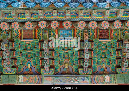 Sokcho, Südkorea - 17. Juni 2023: Detail des Seoraksan Sinheungsa Tempels, es ist ein buddhistischer Tempel in Sokcho, Südkorea. Stockfoto