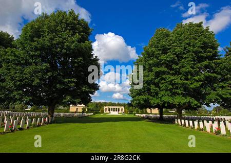 Kriegsgräber, Britischer Kriegsfriedhof, Ranville, Niedernormandie, Frankreich, Zweiter Weltkrieg, 2. Weltkrieg, Niedernormandie Stockfoto