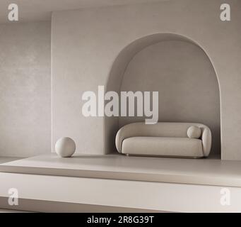 Konzeptioneller Innenraum mit bogenförmigen Stuckwänden. Sofa mit kreativer Zusammensetzung und Bogen in warmen Beige-Pastelltönen. Leerer Hintergrund für Modell. 3D Stockfoto