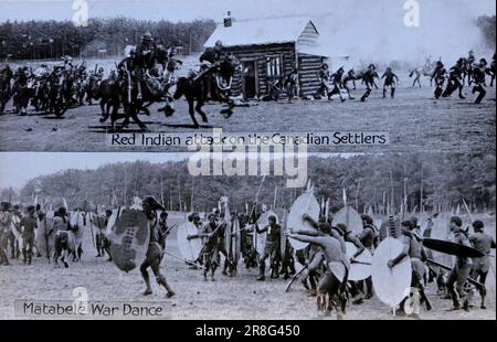 Aldershot Tattoo, Red Indian Attack on the Canadian Settlers und Matabele war Dance, Enactment, c1932. Ein Foto eines Archivbildes aus der Periode. Stockfoto