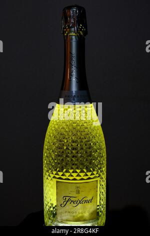 Freixenet-Flasche, gekürzt, schwarzer Hintergrund, Nordrhein-Westfalen, Deutschland Stockfoto