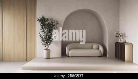 Konzeptioneller Innenraum mit bogenförmigen Stuckwänden. Sofa mit kreativer Zusammensetzung und Bogen in warmen Beige-Pastelltönen. Leerer Hintergrund für Modell. 3D Stockfoto