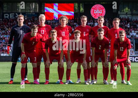 Vejle, Dänemark. 20. Juni 2023. Start-11 von Dänemark für das U21. Euro-Qualifikationsspiel zwischen Dänemark und Wales im Vejle-Stadion in Vejle. (Foto: Gonzales Photo/Alamy Live News Stockfoto