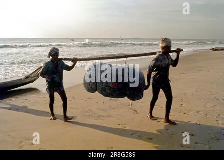 Fischer, die ihren Fang tragen, Marina Beach, Chennai, Tamil Nadu, Indien, Asien Stockfoto
