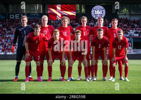 Vejle, Dänemark. 20. Juni 2023. Start-11 von Dänemark für das U21. Euro-Qualifikationsspiel zwischen Dänemark und Wales im Vejle-Stadion in Vejle. (Foto: Gonzales Photo/Alamy Live News Stockfoto