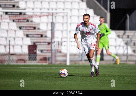 Vejle, Dänemark. 20. Juni 2023. Luca Hoole (15) aus Wales, gesehen während des U21. Euro-Qualifikationsspiels zwischen Dänemark und Wales im Vejle-Stadion in Vejle. (Foto: Gonzales Photo/Alamy Live News Stockfoto