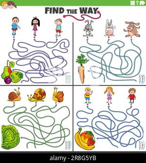 Zeichentrickfilm mit „Find the Way“-Puzzle-Spielset mit Kindern und Tierfiguren Stock Vektor