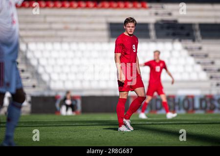 Vejle, Dänemark. 20. Juni 2023. Christian Rasmussen (9) aus Dänemark wurde während des U21. Euro-Qualifikationsspiels zwischen Dänemark und Wales im Vejle-Stadion in Vejle gesehen. (Foto: Gonzales Photo/Alamy Live News Stockfoto