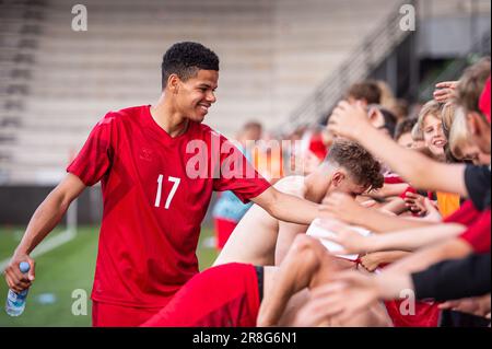 Vejle, Dänemark. 20. Juni 2023. William Osula (17) von Dänemark, gesehen zwischen Dänemark und Wales im Vejle-Stadion in Vejle. (Foto: Gonzales Photo/Alamy Live News Stockfoto