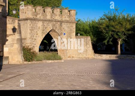 Ein mittelalterlicher Torbogen, der die Wallfahrtsströme der Jahrhunderte, Obanos, die Region Navarra, das Baskenland, Spanien, gesehen hat Stockfoto