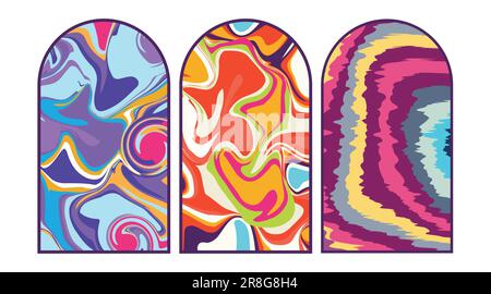 Psychedelische, groovy Wirbelrahmen und Einrichtung. Trendiger 1960er- und 1970er-Zeichnungsvektor. Stock Vektor