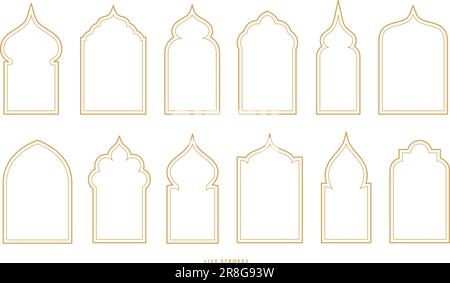 Sammlung islamischer Fensterrahmen mit Illustrationen. In arabischer Architektur gestaltete geometrische Bogentüren bilden Silhouetten. Die Ramadan-Karäm-Moschee hat Ikonen Stock Vektor