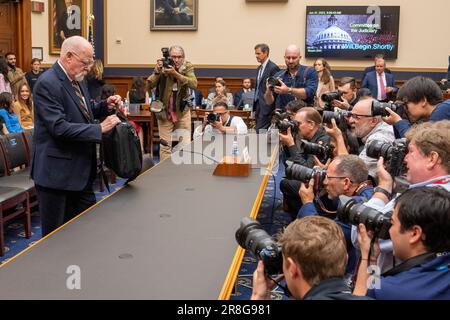 Washington, Usa. 21. Juni 2023. Der ehemalige Sonderberater John Durham kommt am Mittwoch, den 21. Juni 2023, im Rayburn-Gebäude auf Capitol Hill in Washington, DC, vor das Justizkomitee des House Judiciary Committee. Durham wurde ernannt, um die Ursprünge der Trump-Russland-Ermittlung des FBI zu untersuchen. Foto: Ken Cedeno/UPI Credit: UPI/Alamy Live News Stockfoto