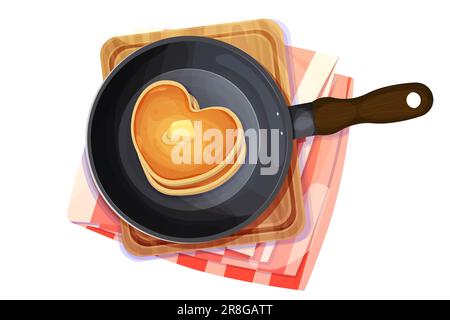 Pfannkuchen in Herzform auf Bratpfanne, Holzbrett und Küchenhandtuch Draufsicht im Cartoon-Stil isoliert auf weißem Hintergrund. Circle Dessert, Frühstück. . Vektordarstellung Stock Vektor