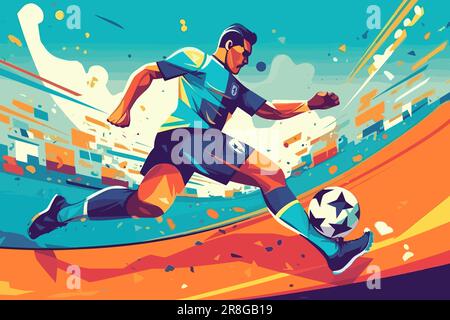 Dribbelnder Fußballspieler mit Fußballball, flaches, farbenfrohes Poster im Kunststil, Vektorbild. Stock Vektor