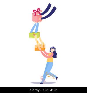 Preisverleihung Gewinnspiel mit Geschenkverpackung und hübschem Mädchen-Lächeln Stock Vektor