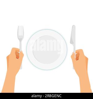 Leere weiße Platte. Hände halten Gabel und Messer. Vektorbesteck im trendigen, flachen Stil, isoliert auf weißem Hintergrund. Stock Vektor