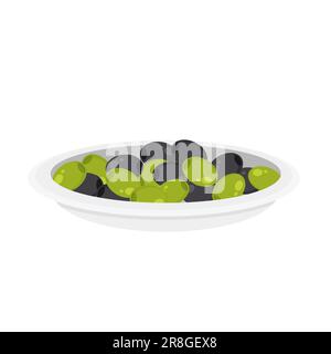 Eingelegte schwarze und grüne Oliven auf dem Teller. Olive in einer Schüssel. Vektordarstellung isoliert auf weißem Hintergrund. Stock Vektor