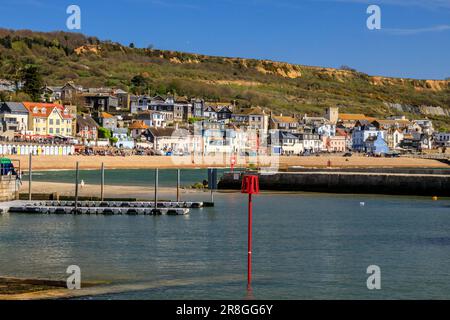 Die farbenfrohen Stadthäuser am Hafen von Lyme Regis an der Jurassic Coast, Dorset, England, Großbritannien Stockfoto