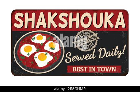 Shakshouka Vintage rostiges Metallschild auf weißem Hintergrund, Vektordarstellung Stock Vektor