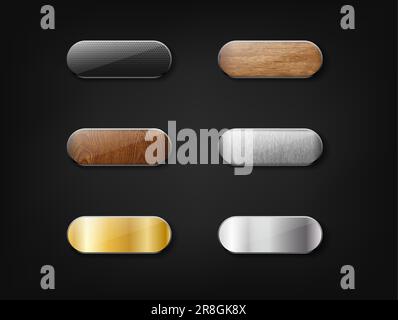 3D realistische Vektor-Web-Schaltflächen. Gold, Holz, Metall und Schwarz. Isoliert auf weißem Hintergrund. Stock Vektor