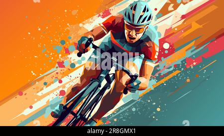 Professioneller Fahrradfahrer auf einem Fahrrad auf abstraktem, farbenfrohem Grafikhintergrund. Bike Sport Flat Art Poster, Vektordarstellung Stock Vektor