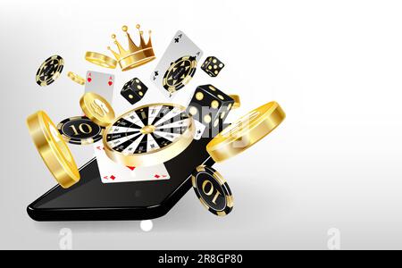 Online-Banner für mobile Casinos. Smartphone mit Spielautomat und goldenen, realistischen Münzen, Spielkarten, Roulette. Gewinnbringende Kombination aus Zahlen von Stock Vektor