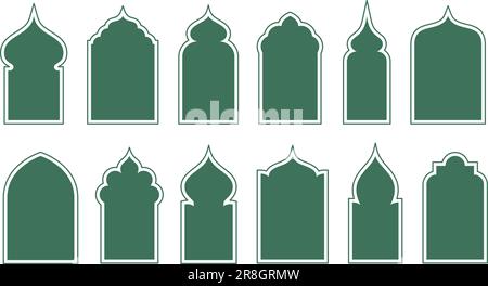 Sammlung islamischer Fensterrahmen mit Illustrationen. In arabischer Architektur gestaltete geometrische Bogentüren bilden Silhouetten. Die Ramadan-Karäm-Moschee hat Ikonen Stock Vektor