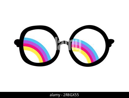 Farbige Doodle-Sonnenbrille im 1970-Stil. Tolle Hippie-Ästhetik mit Regenbogen. Vektordarstellung isoliert auf weißem Hintergrund Stock Vektor