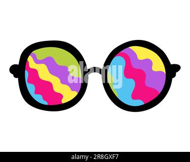 Farbige Doodle-Sonnenbrille im 1970-Stil. Tolle Hippie-Ästhetik mit Regenbogen. Vektordarstellung isoliert auf weißem Hintergrund Stock Vektor