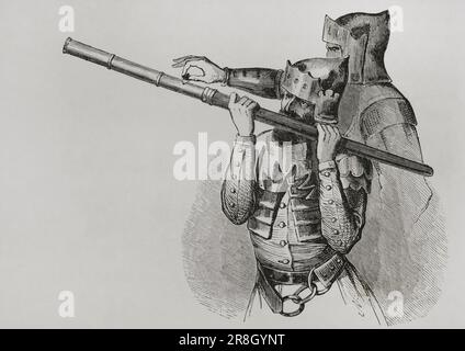 Handkanone. Gravur aus einem Wandteppich in der Kirche Notre-Dame de Nantilly in Saumur (Frankreich). 15. Jahrhundert. "Les Arts au Moyen Age et a l'Epoque de la Renaissance" von Paul Lacroix. Paris, 1877. Stockfoto