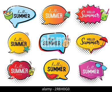 Bannervorlage für „Hello Summer Speech“. Weihnachtsaufkleber-Set. Stock Vektor