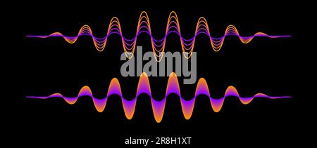 Ein Paar violett-orangefarbene Gradientenschallwellen. Zwei neonrosa gelbe sinusförmige Linien. Audio-Design-Element für Sprache oder Musik für Flyer, Poster, Banner. Grafische Proben von Funksignalen auf dunklem Hintergrund. Vektor Stock Vektor