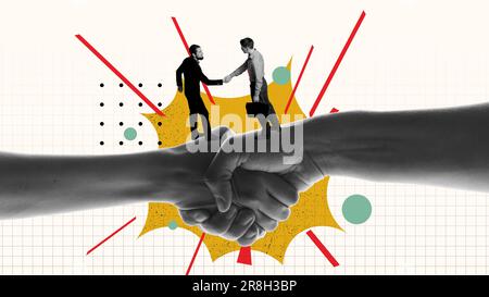 Zwei Geschäftsleute, Mitarbeiter, die sich die Hand schütteln, haben ein gemeinsames Geschäftsprojekt. Einverstanden. Partnerschaft. Collage für zeitgenössische Kunst. Stockfoto