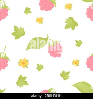 Nahtloses Muster mit Sommer-Himbeeren mit Blättern auf weißem Hintergrund und gelben Blumen. Vektorgrafik im flachen Cartoon-Stil für Print, Wal Stock Vektor