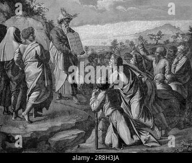 Moses zeigt dem Volk die Tafeln aus Stein des Gesetzes, zweites Buch Mose, Kapitel 34, Vers 4-35, Altes Testament, Bibel, Historische Abbildung 1890 Stockfoto