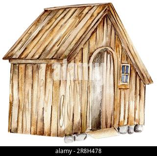 Aquarellfarbenes Bauernhaus aus Holz. Handgezeichnete Darstellung eines Bauernhofs. Perfekt für Hochzeitseinladungen, Grußkarten, Poster. Stockfoto