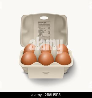 6 Six Vector 3D realistische braune Hühnereier in geöffneter Pappschachtel, Behälter, Verpackung. Hühnereier-Set, Isoliert. Vektor Rohe Ganze Eier. Ei Stock Vektor